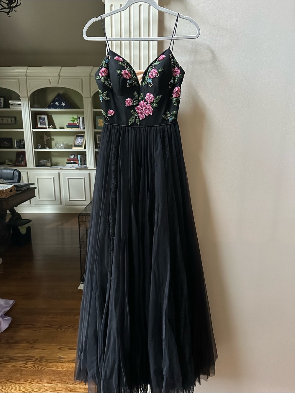 Sherri Hill Black Tulle Gown with Pink Floral Embroidery